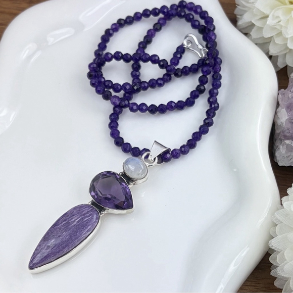 Amethyst Moonstone Charoite Pendant Necklace Southwest Boho Vintage New 925 - Picture 5 of 10